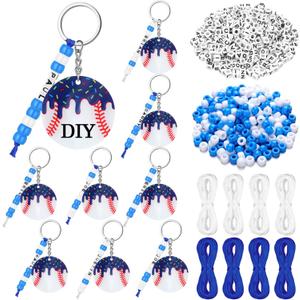 Nosiny 12 Pcs Baseball Ice Cream Drip Keychain DIY Bead Acrylic Key Chain Making Kit Craft 2 Inch Baseball Party Favors Team Gifts Sports Adjustable Letter Beads Decor for Bag(Blue)
