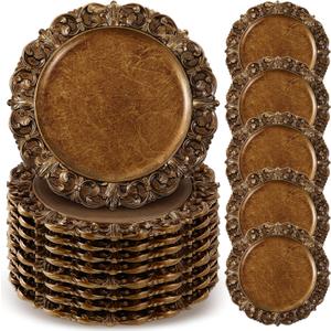 30 Pcs Antique Gold Charger Plates Bulk 13 Inch Embossed Rim Plastic Round Decorative Vintage Plates Charger for Dinner Wedding Party Event Table Setting Decoration (Vintage)