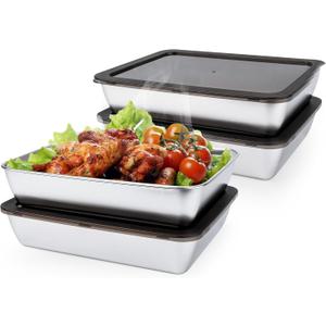 4 PCS Stainless Steel Food Storage Containers with lids,2.16 Inch Deep, 8x10 Inch Stainless Steel Oven plate, Metal Roasting Pan for Meal Prep、Meat, Rustproof & Heavy, Freezer & Dishwasher Safe