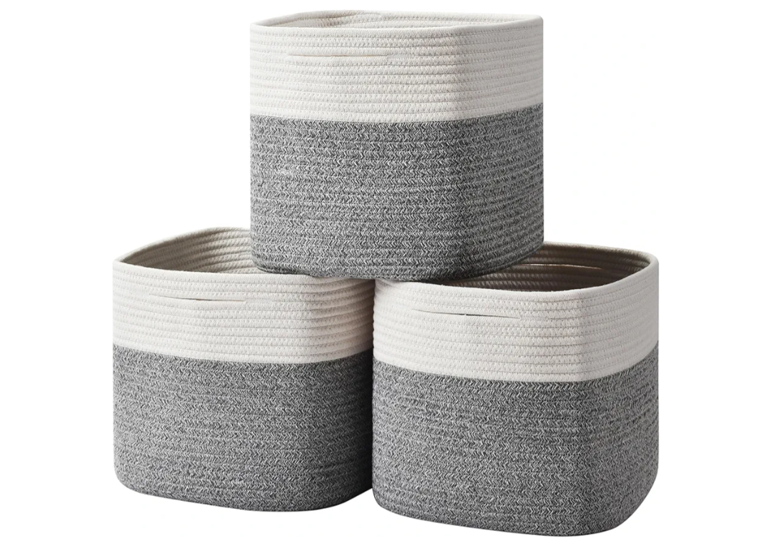 3 Pack Storage Cubes 11 Inch Cotton Rope Woven Baskets for Organizing Cube Bin Square Shelves Organizer,Classroom,Kids Toy Bins,Closet,Baby Nursery(Grey)