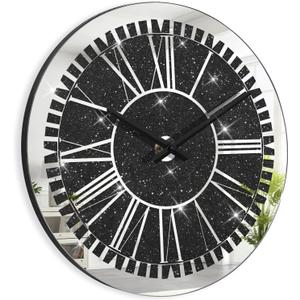 Wall Clock Large Black Crystal Diamond Mirror Wall Clocks Round Wall Clock Battery Operated Modern Wall Clocks for Living Room Decor, 20 inches