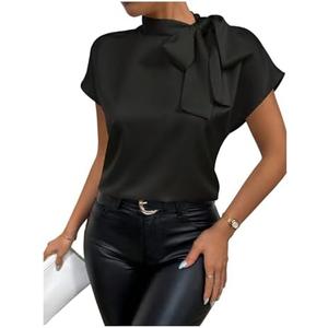 Milumia Women's Bow Tie Mock Neck Cap Sleeve Satin Blouse Office Shirts XL