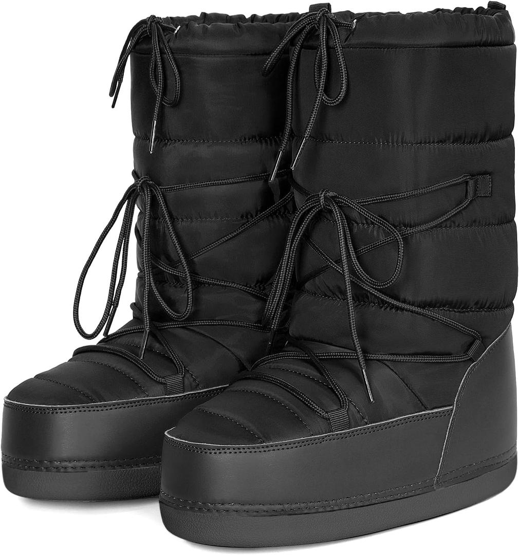 Womens Winter Snow Boots Mid Calf Anti-Slip Boots with Warm Lining Lace-up Outdoor Shoes (8, Black)