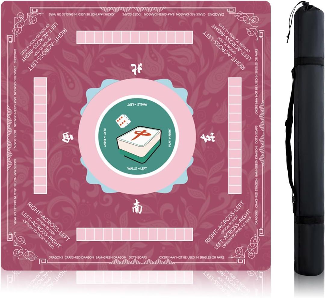 Mahjong Mat - Neoprene PlaymatNon-Slip Noise Reduction, 32.4x32.4 Inch American Mahjong Mat for Table, Poker, Cards, Dominoes & Board Game mat, Foldable with Carrying Bag (Pink)
