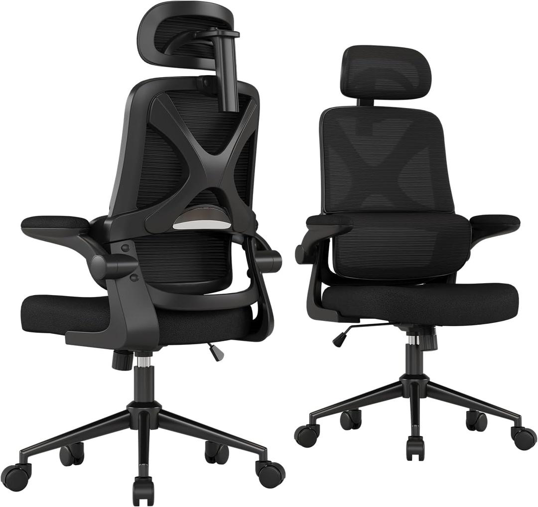 Ergonomic Office Chair - Desk Chair with Adjustable Headrest Lumbar Support Computer Chair - Mesh Comfy Chair with Flip-up Armrests - Gaming Chairs for Adults Home Office (Black+Black), 21.3" W X 17.9" D X 17.5"-21.5" H