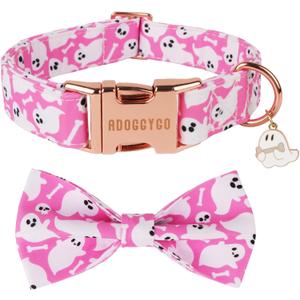 ADOGGYGO Pink Halloween Dog Collar with Bow Tie, Detachable Ghost Pet Bowtie, Metal Buckle, Adjustable Pink Halloween Collars for Small Dogs Girl (Small)
