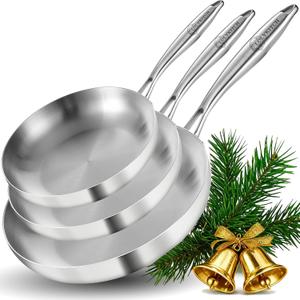 LOLYKITCH Tri-Ply Stainless Steel Frying Pan Set, 3-Piece (8+10+12 Inch) Stainless Steel Cookware, Induction Compatible Skillets for All Stovetops, Dishwasher Safe Pans