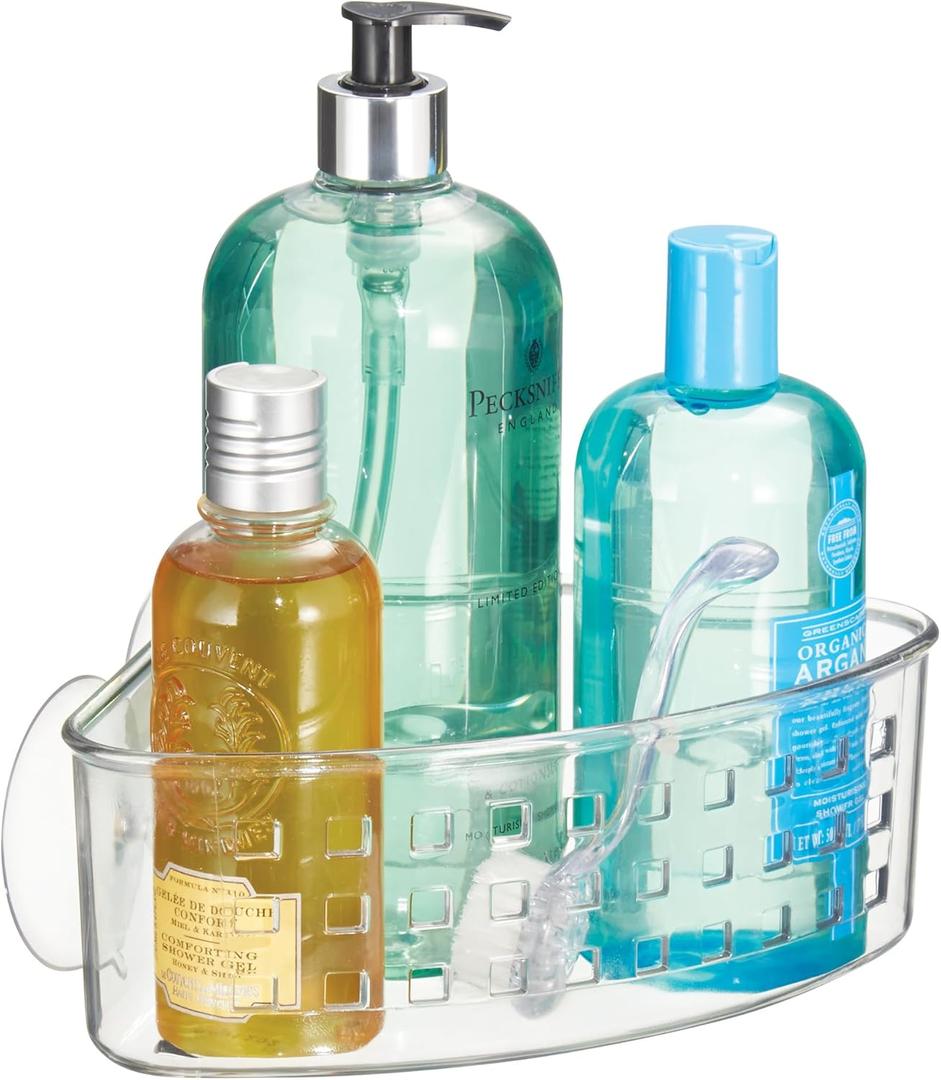 iDesign Plastic Suction Cup Corner Shower Basket for Bathroom Storage - Clear - Made in USA