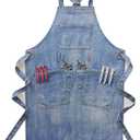 Denim Apron With Pockets,Distressed Jean Apron,Hairstylist Aprons,Denim Work Apron - Washing Style | Adjustable XXL (Light Blue)