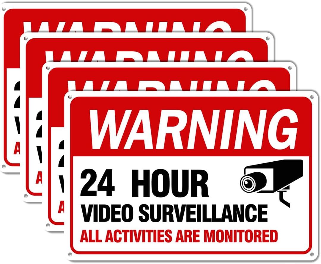 Video Surveillance Sign, 4-Pack 12"x 8" Security Camera Signs, Reflective and Waterproof Material 24 Hour Surveillance Sign For Home/Business (sing-02-Red)