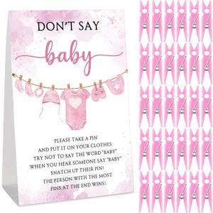 51 Pcs Baby Shower Games Supplies Cool Baby Shower Game Include Don't Say Baby Sign and 50 Baby Shower Clothespin Plastic Clothespins Baby Shower Party Supplies for Gender Reveal (Pink)