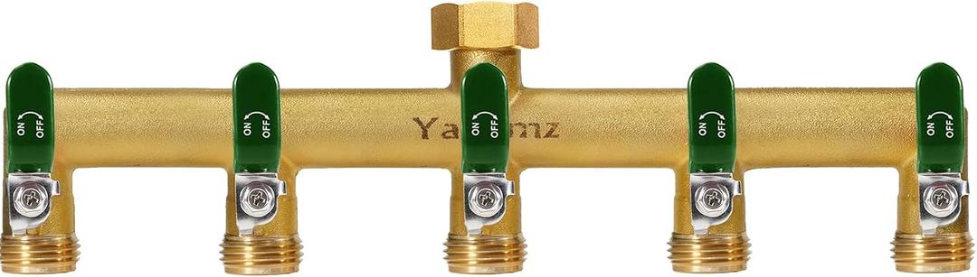 Garden Hose Splitter, 3/4 Rust and Freeze Resistant Outdoor Hose Manifold with 5 green Extra Long Handles Faucet Adapter-Heavy Duty Brass 5-Way Valve