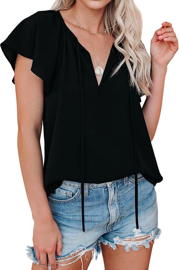 Dokotoo Women's Casual Boho Floral Printed V Neck Tops Drawstring Short Long Sleeve T Shirt Blouses