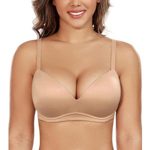 DotVol Women's Push Up Wireless Comfortable Padded Plunge No Underwire Everyday Bra (36DD, Beige)