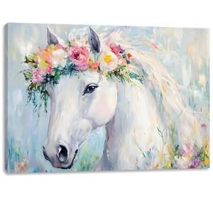 Pormipone White Horse Wall Art 24x36 Inch Framed Canvas Oil Painting