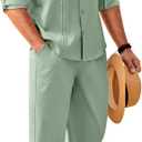 COOFANDY Mens Linen Sets 2 Piece Long Sleeve Button Down Cuban Shirt and Pants Set Summer Beach Set Outfits (Green, XL)