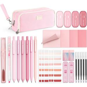 Four Candies Pink School Supplies with Case, Gel Pens with Black Ink, Correction Tapes, Pastel Highlighters, Mechanical Pencils, Sticky Notes, Index Post for Bible Study Stationary College Essentials
