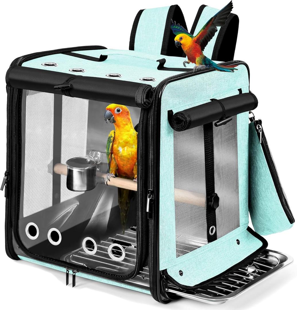 Bird Carrier with Seat Belt for Car Travel, Bird Backpack Carrier with Indestructible Stainless Steel Mesh, Large Bird Carrier Travel Cage, Green