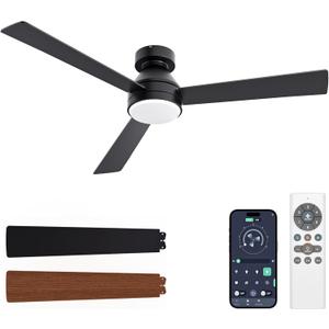 VOLISUN Ceiling Fans with Lights Flush Mount, 52 inch Low Profile Ceiling Fan with Light and Remote, Queit & Reversible Motor,3CCT, Dimmable, Black Modern Ceilings Fans for Bedroom, Living Room