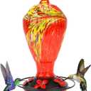 Hummingbird Feeder 32 OZ Hummingbird Feeders for Outdoors Hanging Attractive Hand Blown Glass 5 Feeding Ports & Metal Base Ant Moat Hook Leakproof Gasket Anti-Rust Feeder for Garden Backyard Dcor