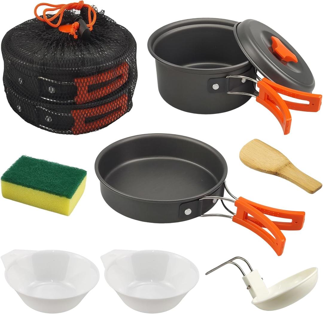 7Pcs Camping Pan Set - Backpack Cookware Pot and Pans Set, Survival Cooking Kit for Hiking, Picnic (Orange)