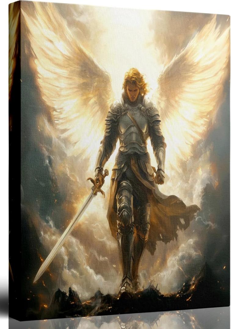 ASEKBWL Archangel Michael Canvas Wall Art - 16x24 Inches | Framed Angel Warrior with Sword Wall Decor - Religious Spiritual Artwork for Bedroom, Living Room, Office - Christian Home