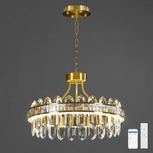 Gold Modern Round LED Crystal Chandelier - 17.7" Luxury 3 Colors Stepless Dimmable Chandeliers for Dining Room,Adjustable Height Ceiling Light Fixture for Kitchen Island Bathroom With Remote Control