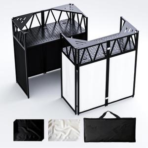 Portable DJ Booth Table,Foldable DJ Table Stand with White & Black Scrim,Adjustable D J Facade Station Triangle Plate Metal Frame with Cable Hole for Private Events, Clubs, Bars, 40x20 with Triangle