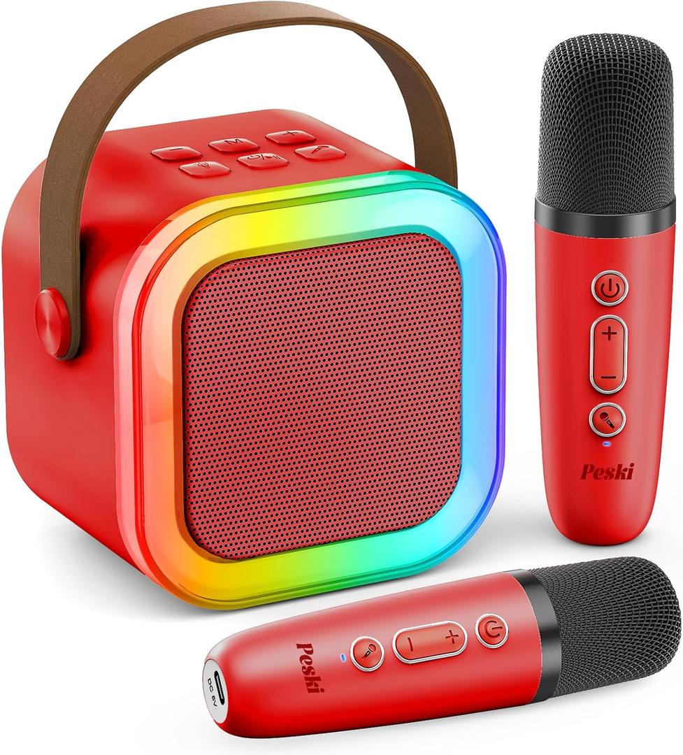 Karaoke Machine for Kids Adults, Portable Bluetooth Mini Karaoke Microphone Singing Speaker with 2 Mics and Light, for All Smartphones, Birthday, Family, Home Party, (Red)