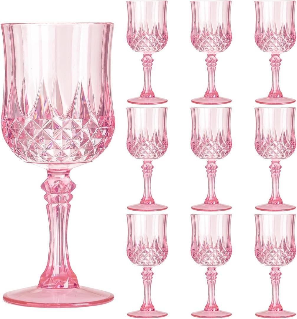 Plastic Wine Glasses, Plastic Goblets Vintage Style Cordial Unbreakable Drinking Glasses, Reusable Drinkware for Wedding Reception, Grand Event Party Supplies, Easter (10, Pink)
