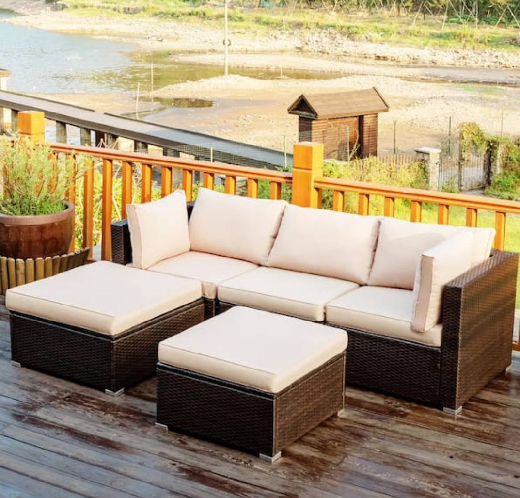 Island 5-Piece Wicker Patio Conversation Set with Beige Cushions(Cushion Covers Only)