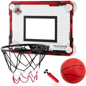 RUNBOW Indoor Mini Basketball Hoops Backboard with Powerful Suction Cups,Wall Mounted Door Basketball Hoops,Toys with Balls Gifts for Kids Boys Teens (43x30CM, Blue with Scorer) (Red Ordinary)