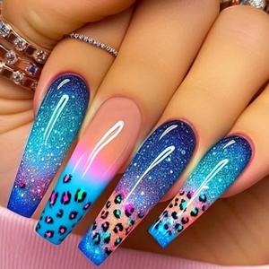 Long Coffin Press on Nails French Fake Nails with Leopard Print Designs Blue Gradient Acrylic False Nails Glossy Stick on Nails for Women Reusable Nail Kit with Nail Glue Adhesive Tabs 24Pcs