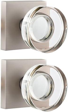 naubea 2 Pack Dummy Door Knob Glass Door Knobs Interior Satin Nickel Door Knobs for Closet and Hallway, Square Crystal Dummy Door Handle Brushed Nickel
