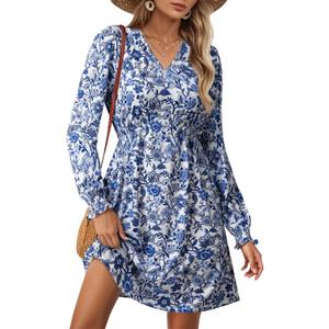Dokotoo Fall Dresses for Women 2025 Casual V Neck Lantern Long Sleeve Floral Shirred High Waist A-Line Boho Dress (White, XL)