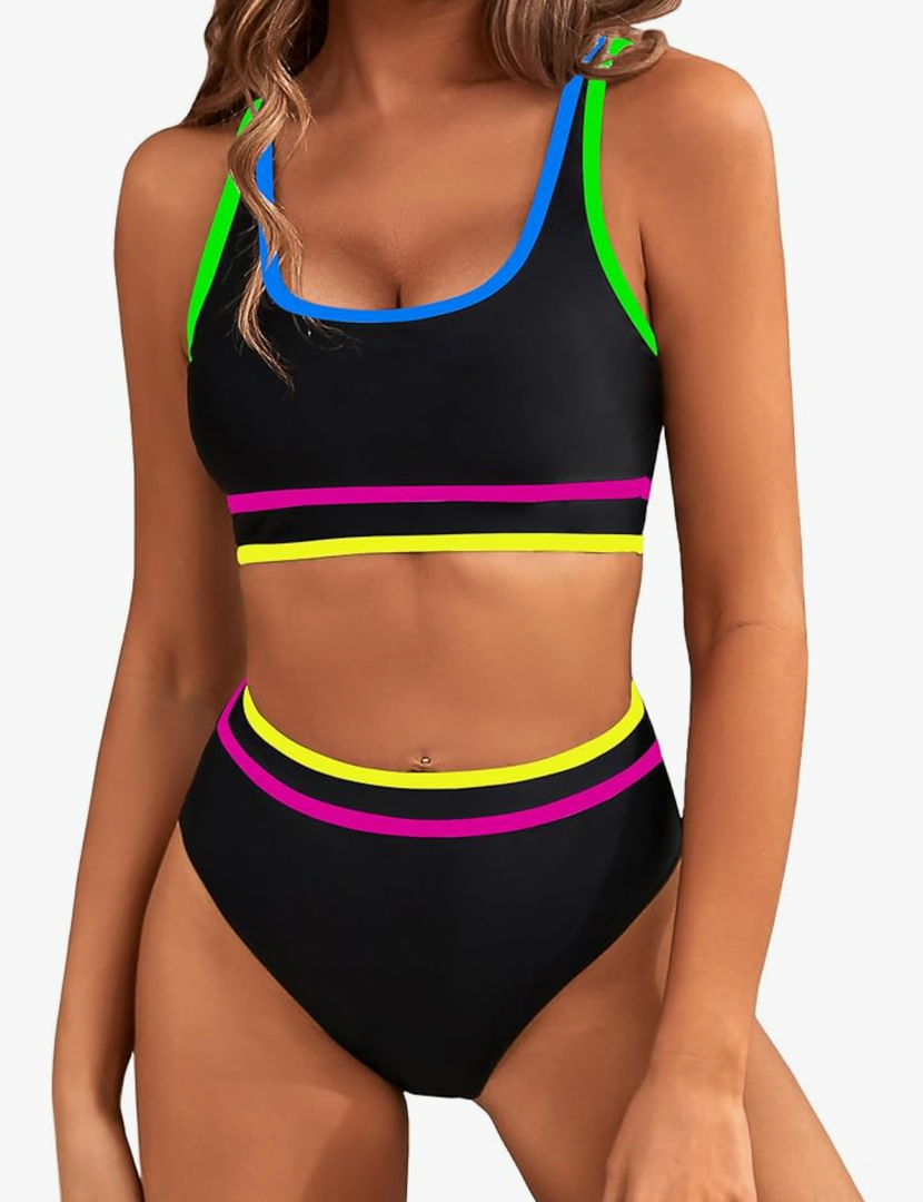 BMJL Women's High Waisted Bikini Sets Sporty Two Piece Swimsuits Color Block Cheeky High Cut Bathing Suits ,Size S, Rainbow Black011 BMJL Women's High Waisted Bikini Sets Sporty Two Piece Swimsuits Color Block Cheeky High Cut Bathing Suits ,Size S, Rainbow Black011