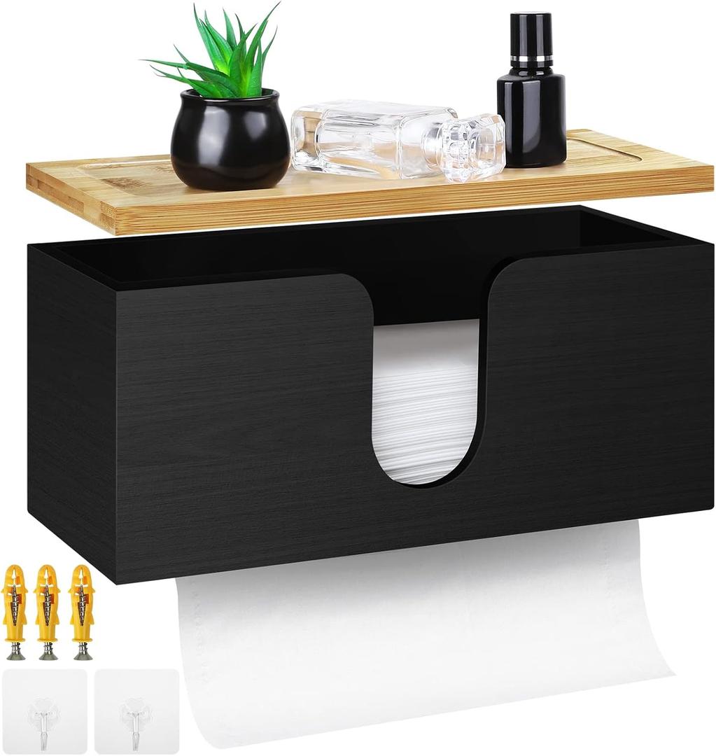 TURSTIN Wood Paper Towel Dispenser Folded Paper Towel Holder with Lid for Countertop and Wall Mounted, Wall Mount Paper Towel Holder Napkin Holder for Home. Bathroom, Kitchen, Black