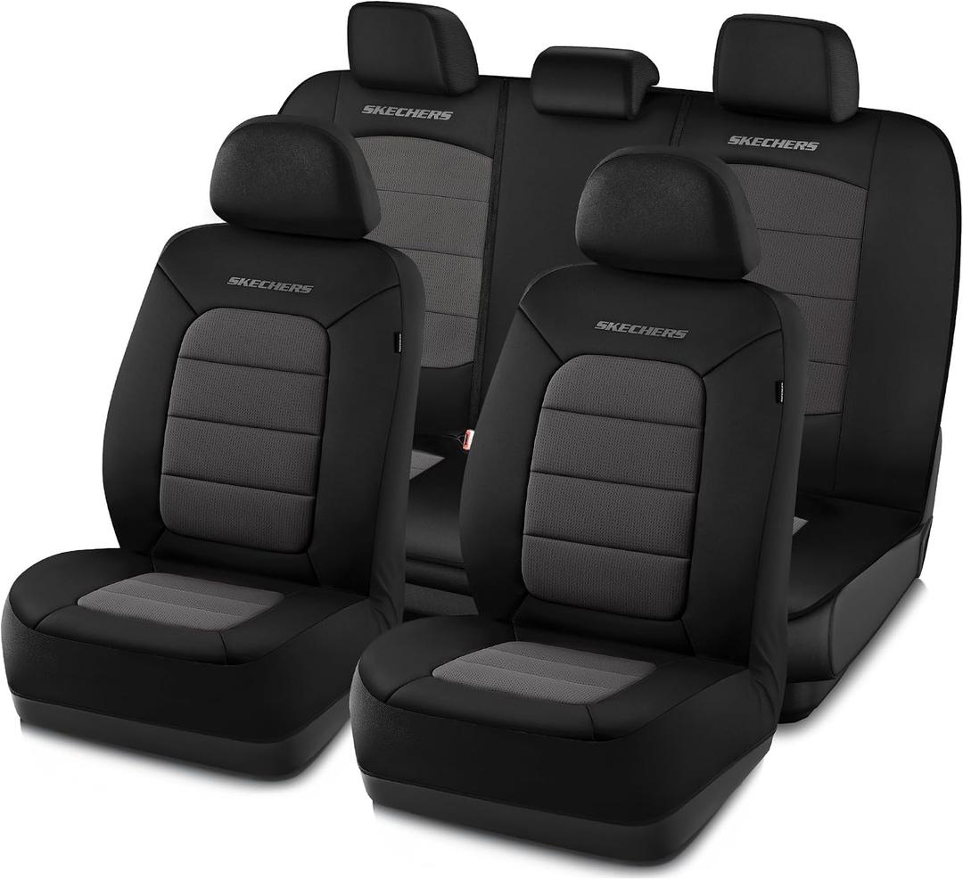 Skechers Memory Foam Car Seat Covers,Thick Cool Touch Fabric Seat Covers,Seat Cover Full Sets Airbag Compatible,Automotive Comfort Protection for Most Cars,Vans,Trucks,SUV,Grey