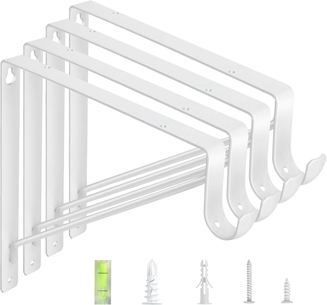 4-Pack Closet Rod Bracket, 10.8x10.8Inch Closet Shelf Brackets Heavy Duty Wall Mounted, Matte White Steel Closet Rod Support Brackets Holder, 300 Lbs Load Capacity with Anchors Screws