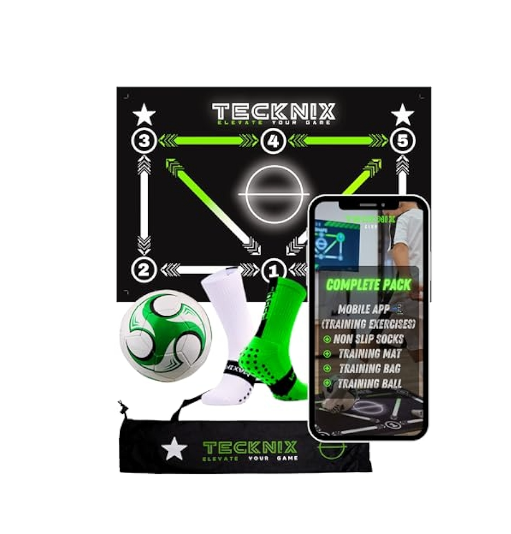 TECKNIX Soccer Training mat with app - Soccer Dribble Trainer for Kids- Soccer Skills Training Equipment - Indoor Soccer Training Game - Ideal Gift Set with Non-Slip Socks and Ball.