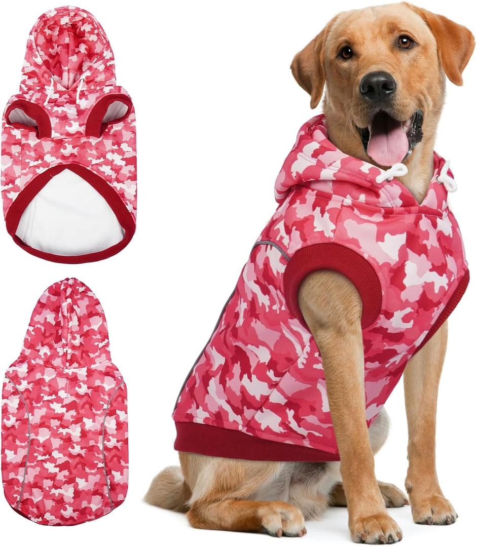 IECOii Dog Hoodie for Large Dogs, Warm Hoodie for Giant Breed Dogs Girl Boy, Fleece Lined Dog Sweatshirt Pullover with Leash Hole & Reflective Stripes, Fall Winter Great Dane Hoodies, Pink Camo, 4XL