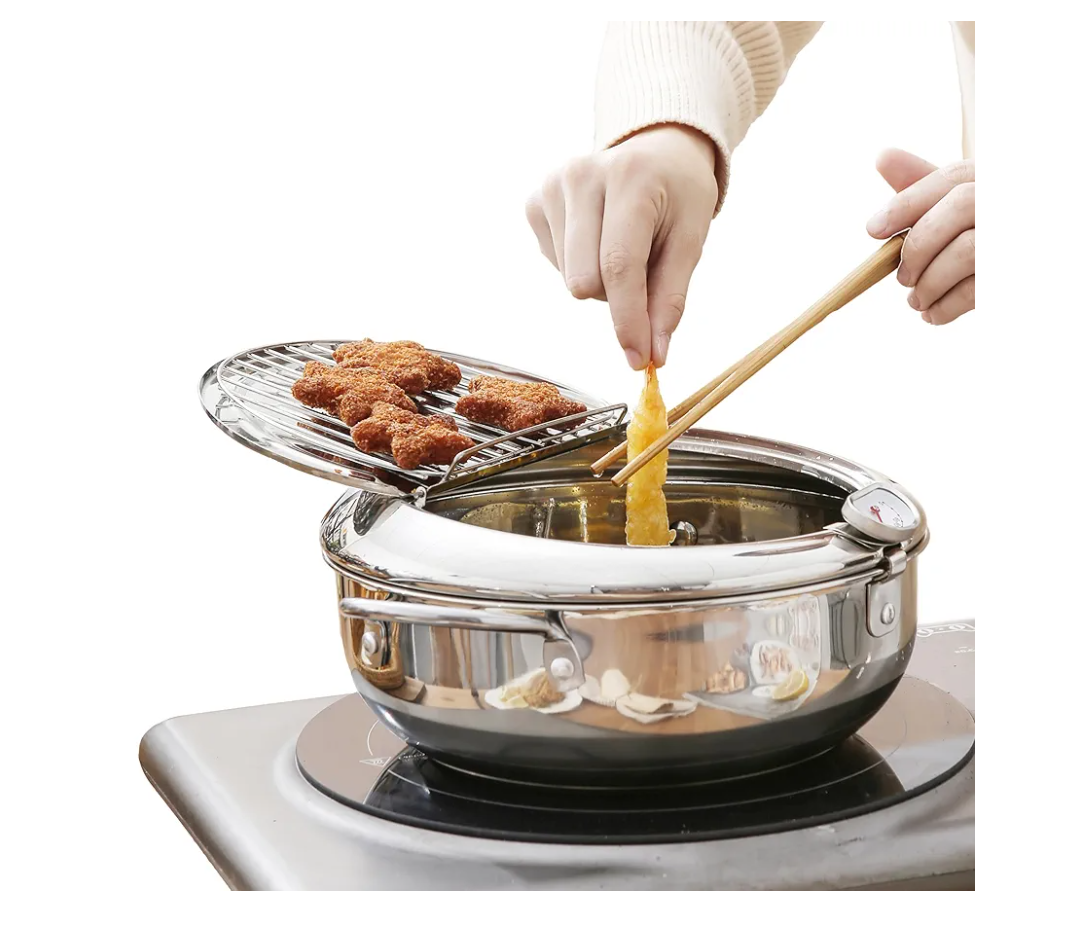 Deep Fryer, Japanese-Style Tempura Chip Pan With Thermometer And Cold Touch Handle | Stainless Steel Fryer Cooking Pot with Removable Oil Filter Rack for Kitchen Home