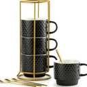 LYEOBOH Stackable Coffee Mugs Set of 4 with Rack & Spoons Coffee Mug Set 13 OZ., Ceramic Embossed Grinding Demitasse Cups Set Cappuccino Cup Halloween for Coffee, Latte, Macchiato, Espresso, Black