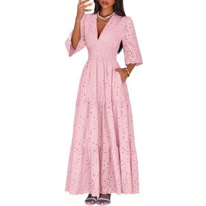 Lazysmile Long Sleeve Dresses for Women V Neck Hollow Out Eyelet Ruffle Swing A-Line Fall Vacation Boho Maxi Dress (Pink, S)