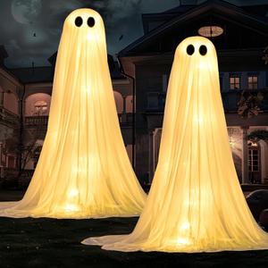 JOYIN 2 Pack 50'' Halloween Decorations Outdoor Light Up Ghost, Standing Ghost Halloween Decor with Warm String Light for Yard Porch Lawn Garden Party Supplies
