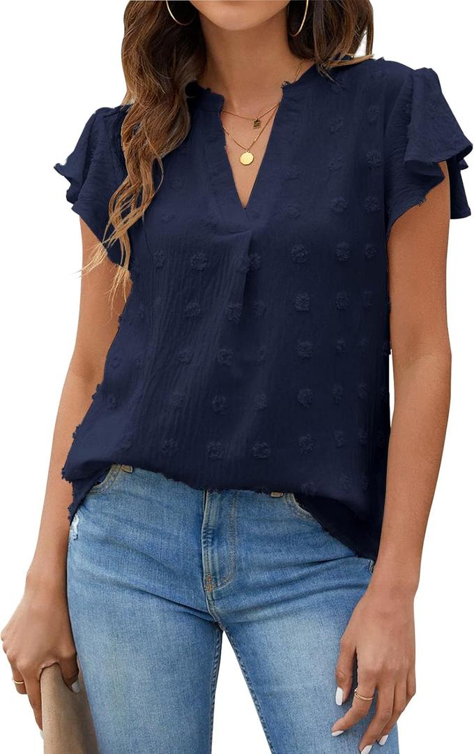 Blooming Jelly Womens White Blouse V Neck Ruffle Sleeve Flowy Shirts Dressy Casual Cute Summer Tops (Large, Navy Blue)