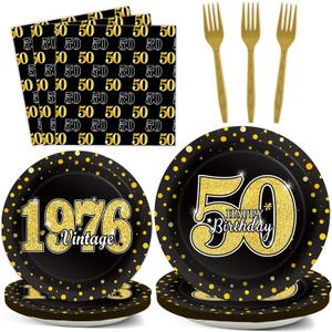 ZOIIWA 96 Pcs Vintage 50th Birthday Party Decorations Vintage 1976 Birthday Tableware for Men Woman Cheers to 50 Years Dessert Plates Napkins Forks for 24 Guests Back in 1976 Party Favors