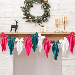 VitalCozy 1 PCS Christmas Bow Garland Banner, Satin Ribbon Hanging Party Bow Garland Decoration for Holiday Birthday Party Supplies