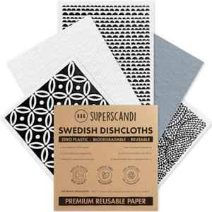 SUPERSCANDI 5 Pack Swedish Dishcloths for Kitchen - 100% Biodegradable & Compostable Reusable Paper Towels Washable, Food-Safe & Without Plastic - Dish Rags Suitable for Any Surface, Grey
Amazon's Choice