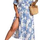 Floerns Women's Plus Size Cold Shoulder Tropical Print V Neck Flared A Line Long Dress, Size XXL
